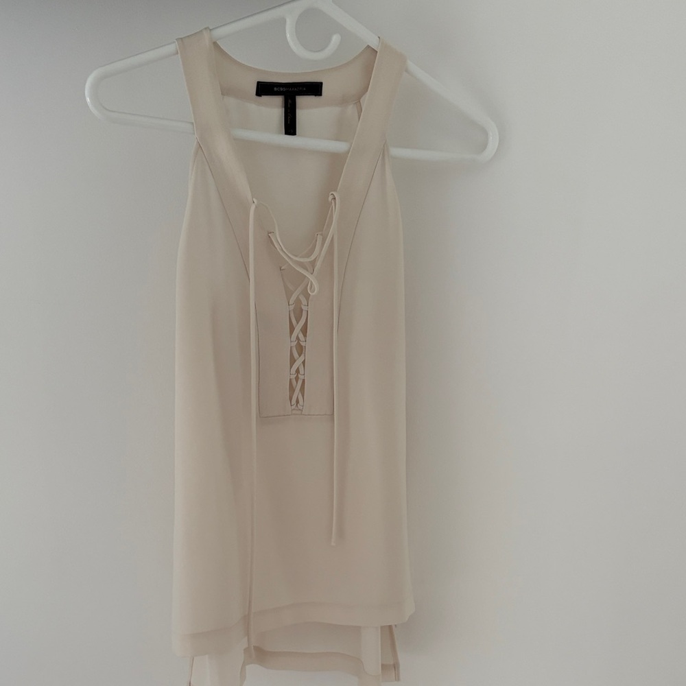 BCBGMaxAzria Cream Lace-Up Blouse
